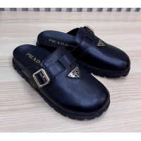 Pretty Style Prada Nappa Leather Flat Mules with Buckle Black 2025 PR071001