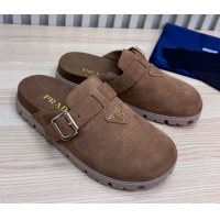Top Grade Prada Suede Flat Mules with Buckle Taupe Brown 2025 PR071001