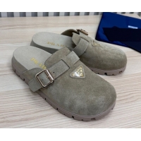 Grade Quality Prada Suede Flat Mules with Buckle Grey 2025 PR071001