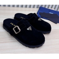 Good Quality Prada Suede Flat Mules with Buckle Black 2025 PR071001