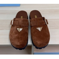 Sumptuous Prada Suede Flat Mules with Buckle Dark Brown 2025 PR071001