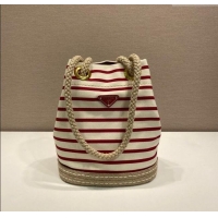Affordable Price Prada Mariner small striped fabric bucket bag 1BE082 White/Red 2025