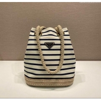 Top Grade Prada Mariner small striped fabric bucket bag 1BE082 White/Blue 2025