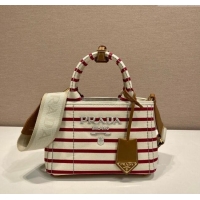 Free Shipping Prada Jardiniere striped cotton canvas mini-bag 1BA038 White/Red 2025