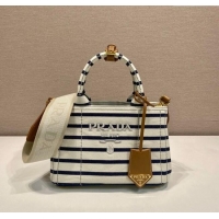 Luxury Cheap Prada Jardiniere striped cotton canvas mini-bag 1BA038 White/Blue 2025