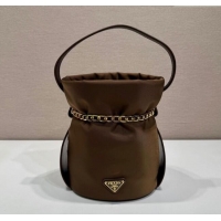 Most Popular Prada Nylon Small Bucket Bag with Chain 1BE088 Brown 2025