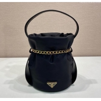 Top Design Prada Nylon Small Bucket Bag with Chain 1BE088 Black 2025