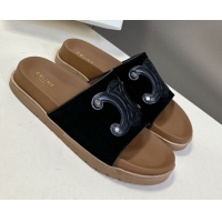 Best Grade Celine Triomphe Suede Slides Sandals Black 2025 CL060401