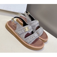 Perfect Celine Tippi Triomphe Flat Sandals in Suede Grey 0709071