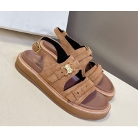 Most Popular Celine Tippi Triomphe Flat Sandals in Suede Brown 0709072
