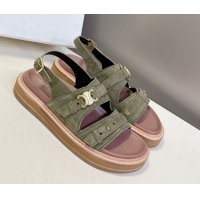 Pretty Style Celine Tippi Triomphe Flat Sandals in Suede Green 0709073