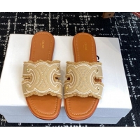 Best Product Celine Marina Fringed Flat Slides Sandal in Cotton Canvas Beige 0709074