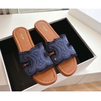 Classic Hot Celine Marina Fringed Flat Slides Sandal in Blue Denim 0428120