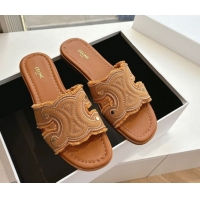 Good Quality Celine Marina Fringed Flat Slides Sandal in Cotton Canvas Brown 0428119