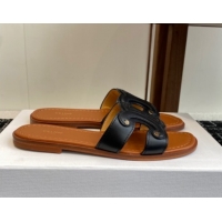 Shop Duplicate Celine Marina Flat Slides Sandal in Calfskin Leather Black 0709079