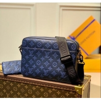 Top Quality Louis Vuitton Mens Duo Messenger Bag in Monogram Shadow Leather M45730 Navy Blue 2025