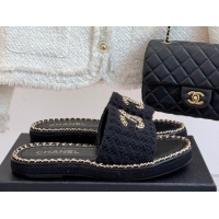 Pretty Style Chanel Knit Flat Slides Sandal with Chain Black 2025 CH061001
