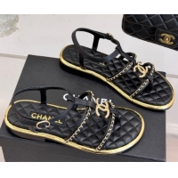 Unique Style Chanel Calfskin Flat Sandals with Chain Black 2025 CH061002