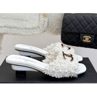 Best Product Chanel Tweed Heel Slides Sandal with Pearls White 2025 CH061003