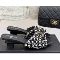 Grade Quality Chanel Tweed Heel Slides Sandal with Pearls Black CH061003 0610010