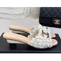 Luxurious Chanel Tweed Heel Slides Sandal with Pearls Beige 2025 CH061003