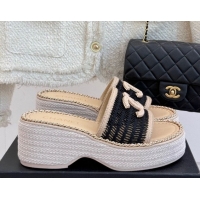 Top Design Chanel Crochet Wedge Slides Sandal with Chain Beige/Black 2025 CH061004