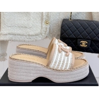 Best Grade Chanel Crochet Wedge Slides Sandal with Chain Beige/White 2025 CH061004