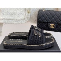 Good Product Chanel Crochet Flat Slides Sandal with Chain Black 2025 CH061004