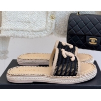 Popular Style Chanel Crochet Flat Slides Sandal with Chain Beige/Black 2025 CH061004 0610017