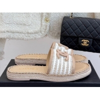 Charming Chanel Crochet Flat Slides Sandal with Chain Beige/White 2025 CH061004