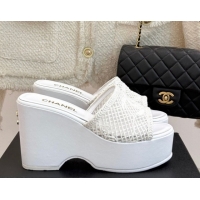 Low Cost Chanel Crochet Mesh Wedge Slides Sandal White 2025 CH061005