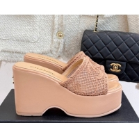 Big Discount Chanel Crochet Mesh Wedge Slides Sandal Rose Beige 2025 CH061005