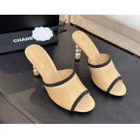 Top Design Chanel Calfskin Slides Sandal 8.5cm with Pearls Heel Beige CH061009