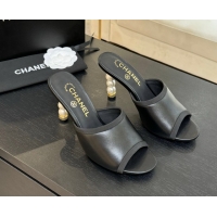 Pretty Style Chanel Calfskin Slides Sandal 8.5cm with Pearls Heel Black 2025 CH061009