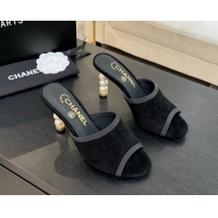 Grade Chanel Suede Slides Sandal 8.5cm with Pearls Heel Black 2025 CH061009