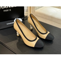 Big Discount Chanel Calfskin & Grosgrain Pumps 8.5cm with Pearls Heel Beige 2025 CH061009