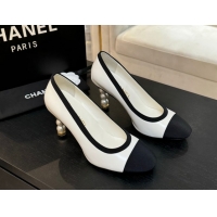Stylish Chanel Calfskin & Grosgrain Pumps 8.5cm with Pearls Heel White 2025 CH061009
