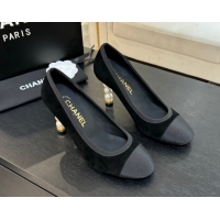 Best Grade Chanel Suede & Grosgrain Pumps 8.5cm with Pearls Heel Black 2025 CH061009