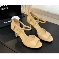 Durable Chanel Calfskin Leather Sandals 8.5cm with Pearls Heel Beige 2025 CH061009
