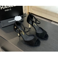 Hot Style Chanel Suede Sandals 8.5cm with Pearls Heel Black 2025 CH061009