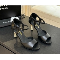 Sophisticated Chanel Calfskin Leather Sandals 8.5cm with Pearls Heel Black 2025 CH061009