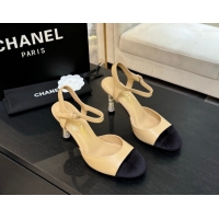 Luxury Discount Chanel Calfskin & Suede Sandals 8.5cm with Pearls Heel Beige 2025 CH061009