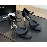 Unique Style Chanel Suede & Grosgrain Mary Janes Pump 8.5cm with Pearls Heel Black 2025 CH061009