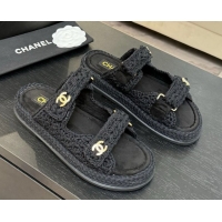 Stylish Chanel Crochet Strap Flat Slides Sandal Black 2025 CH061012