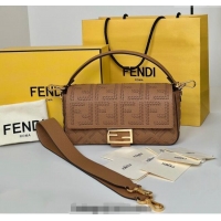 Top Grade Fendi Baguette Medium Bag Cappuccino-colored leather bag with FF interlacing 8680 Brown 2025