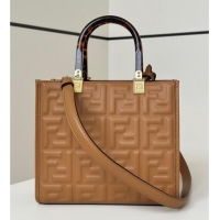 Top Design Fendi Sunshine Small Tote Bag in FF Leather 8618 Brown 2025