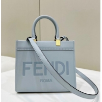 Top Quality Fendi Sunshine Small Tote Bag in Logo Calfskin Leather 8618 Light Blue 2025
