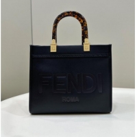 Luxury Cheap Fendi Sunshine Small Tote Bag in Logo Calfskin Leather 8618 Black 2025