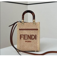 Good Product Fendi Sunshine Shopper Mini Bag in Raffia Straw 8621S Brown 2025