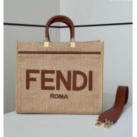 Unique Grade Fendi Sunshine Shopper Medium Bag in Raffia Straw 8621L Brown 2025